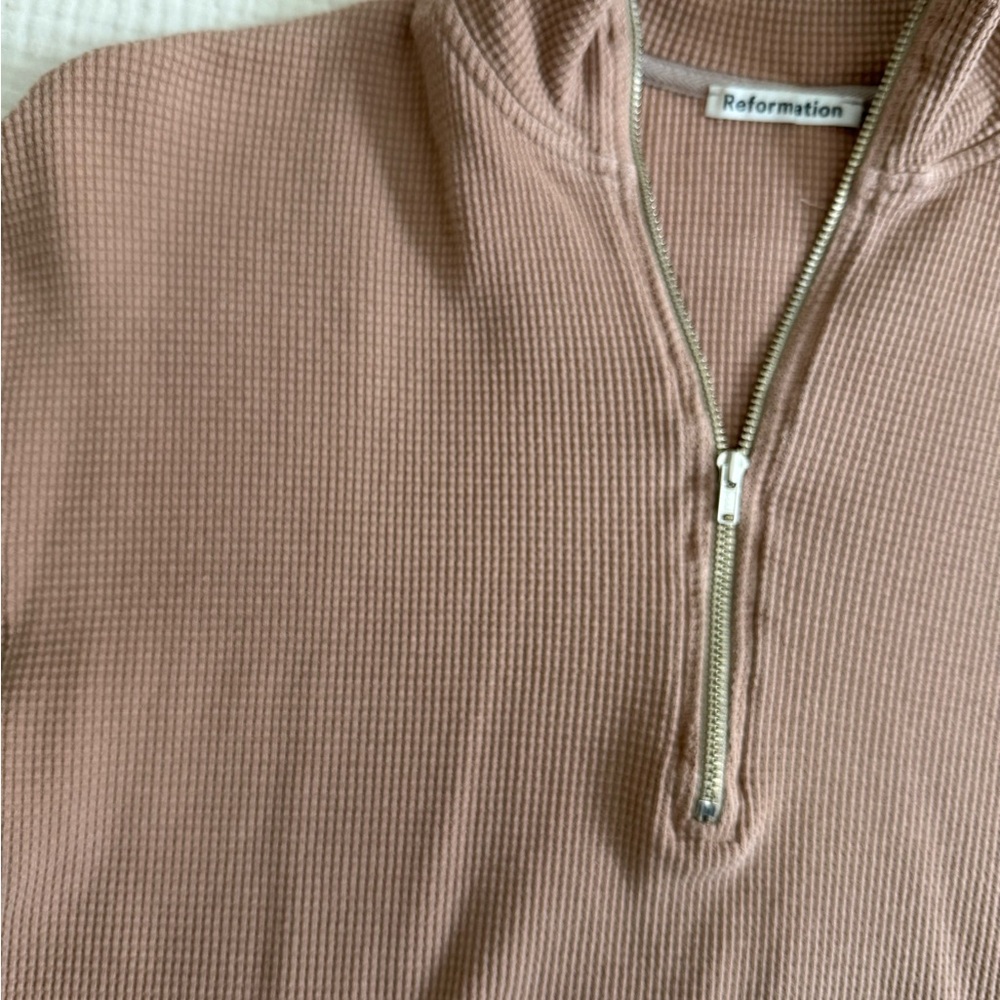 Reformation Women's Half-Zip Ribbed Pullover Top Slight Cropped Fit- Taupe - Picture 5 of 5